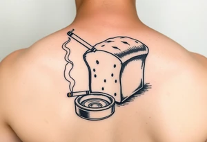 A loaf of bread smoking a cigarette with a ashtray  and pops written tattoo idea