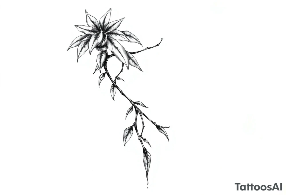 long twisted plant with long leaves, dripping like ink, growing up under the cleavage tattoo idea