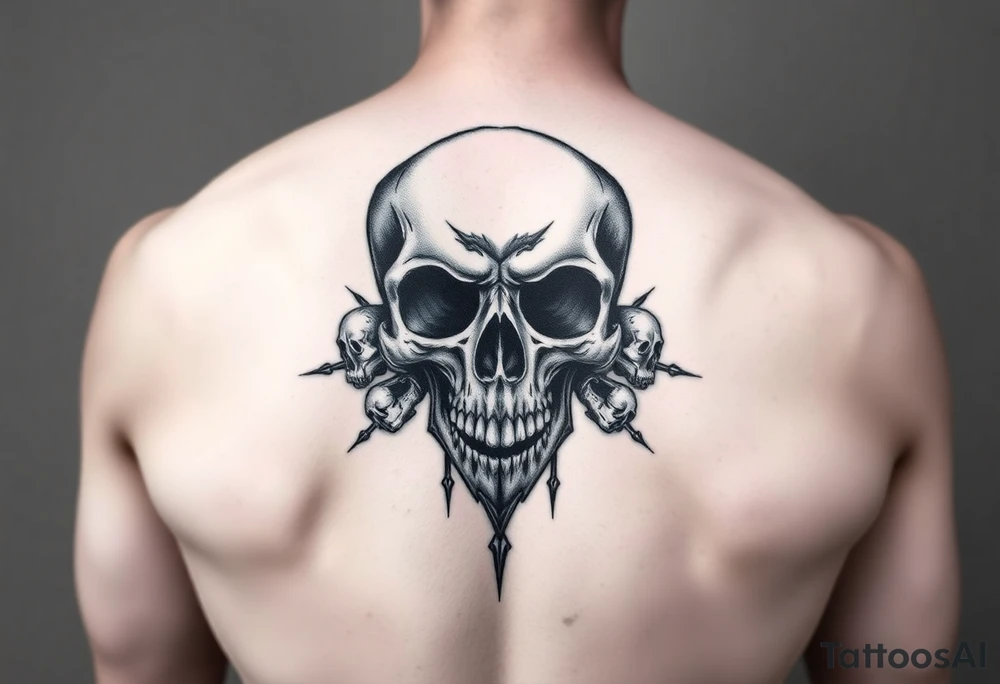 hyper realistic black and grey skull back tattoo,
one dominant central skull,
extreme depth and high contrast,
minimal background,
no extra skulls,
no cemetery,
clean composition,
tattoo ready,
long term readability,
full back placement tattoo idea