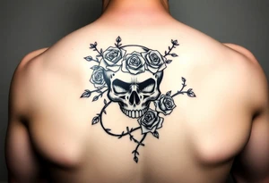 gothic skull intertwined with climbing roses and thorny vines tattoo idea