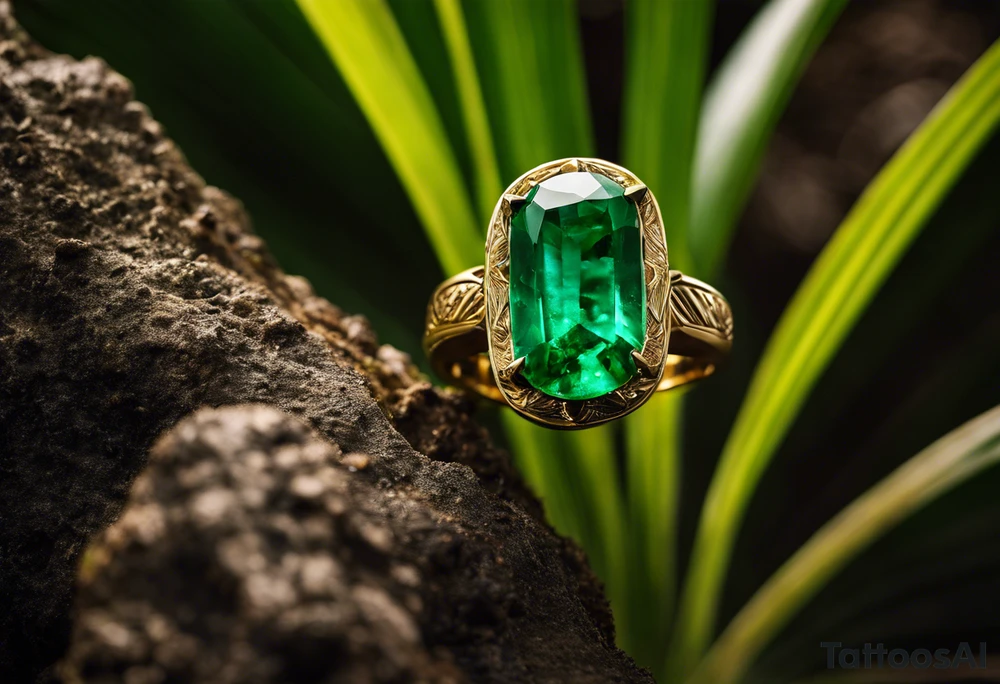 Tattoo: A striking Gachala emerald sits at the base of a tall quindio wax palm, which grows resiliently from cracks in rugged, rocky soil. The emerald is the main focal point, symbolizing strength and endurance, while the wax palm, rooted in the soil’s crevices, represents growth and resilience. A small water stream flows gently from the rocks, adding an element of life and nourishment tattoo idea