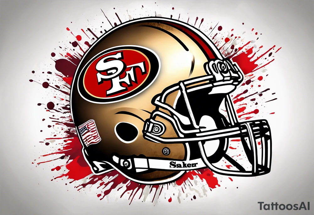 san Francisco 49er logo with team color specks of paint splatter tattoo idea