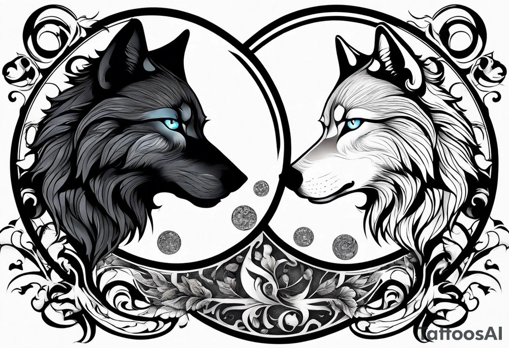 black wolf and white wolf in a ying yang style tattoo idea