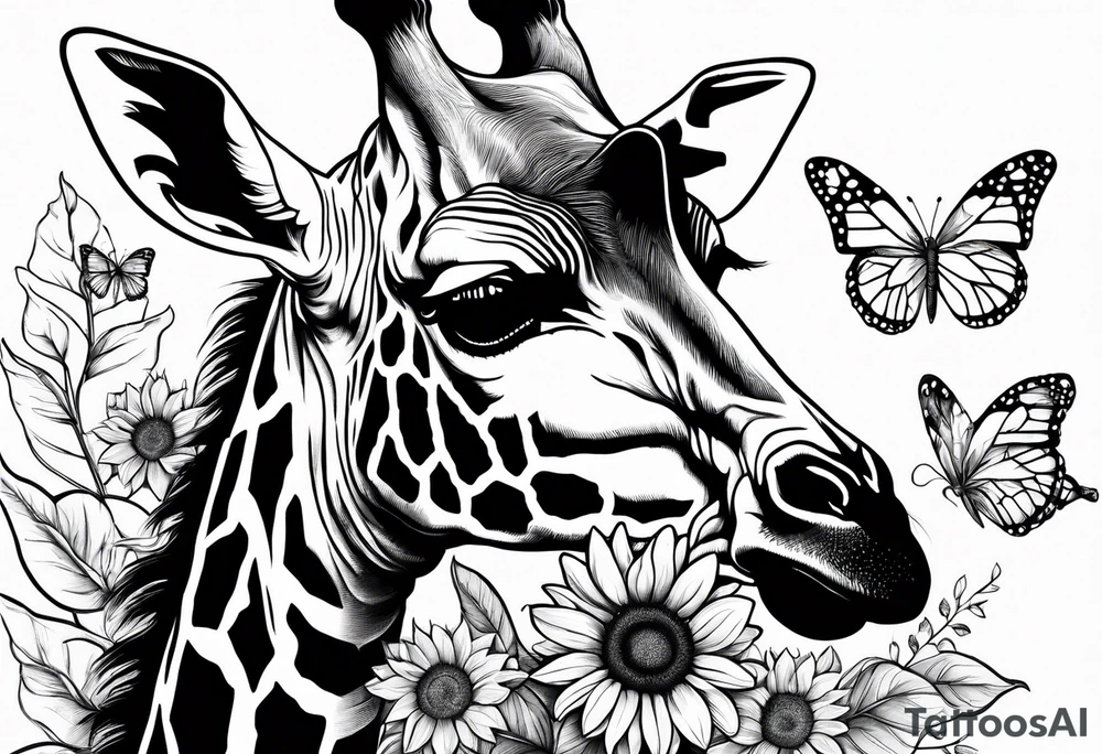 giraffe with sunflower and leafs tattoo idea