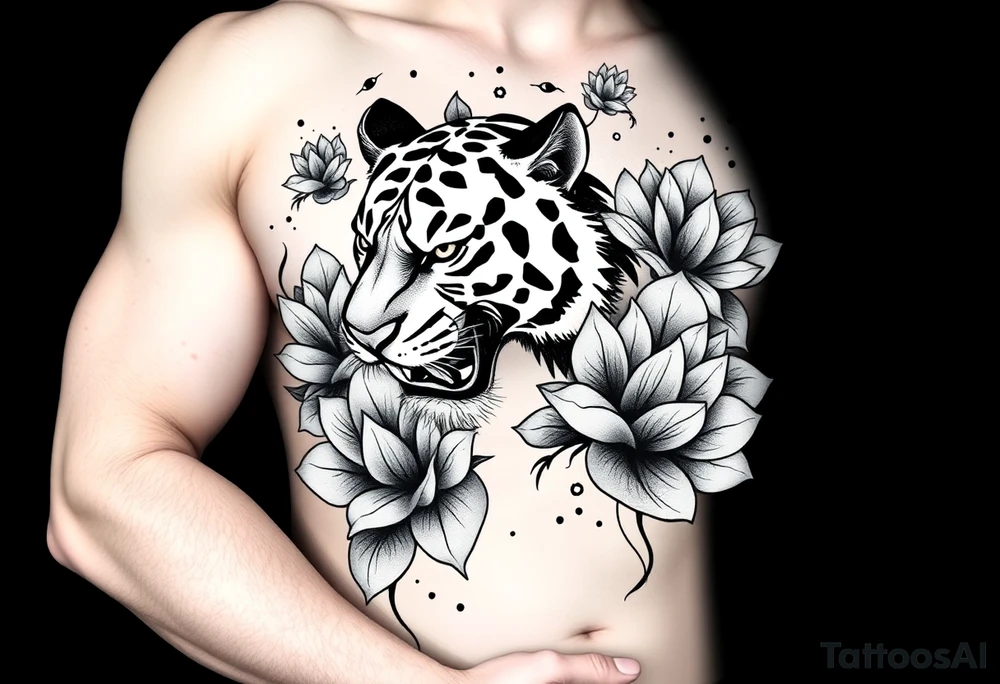 fierce tiger emerging through blooming lotus flowers in mist tattoo idea