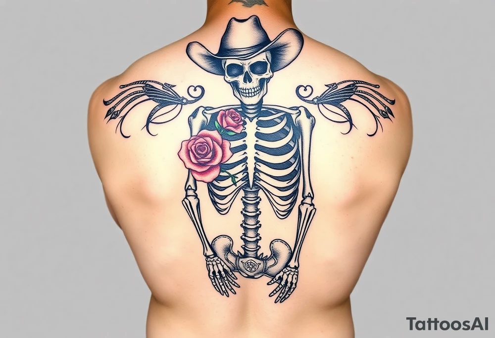 a full body skeleton cowboy with a rose in his mouth. tattoo idea