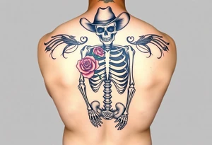 a full body skeleton cowboy with a rose in his mouth. tattoo idea