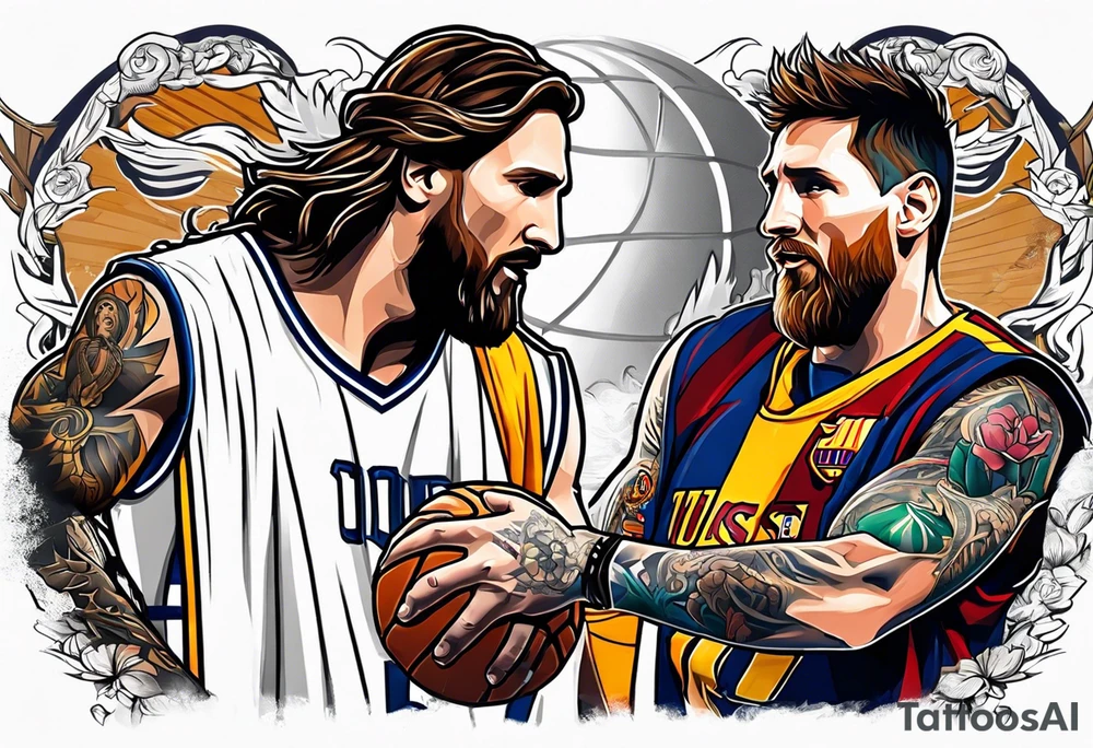 jesus christ and messi playing basketball tattoo idea