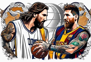 jesus christ and messi playing basketball tattoo idea
