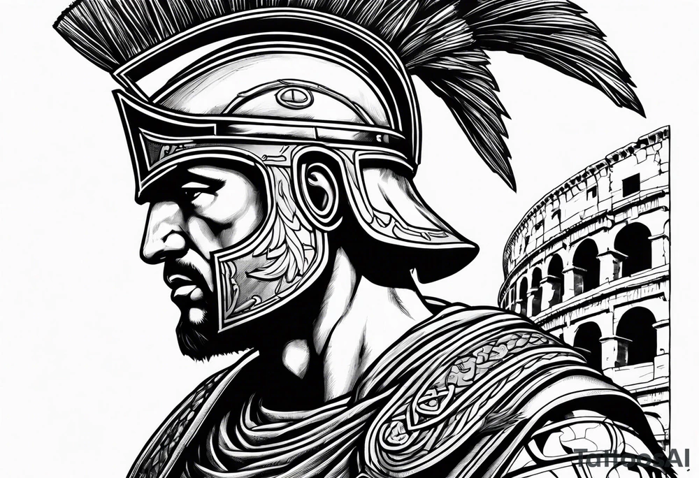 Side profile of spartan soilder with Roman buildings tattoo idea