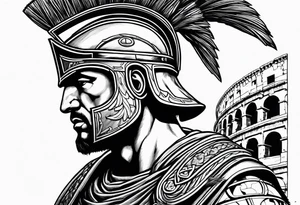 Side profile of spartan soilder with Roman buildings tattoo idea