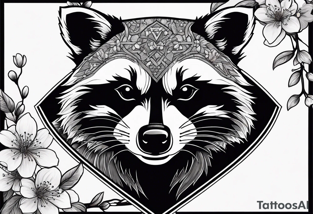 Raccoon wearing a white Superman logo on a black hoodie and orange Japanese cherry blossoms tattoo idea
