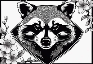 Raccoon wearing a white Superman logo on a black hoodie and orange Japanese cherry blossoms tattoo idea