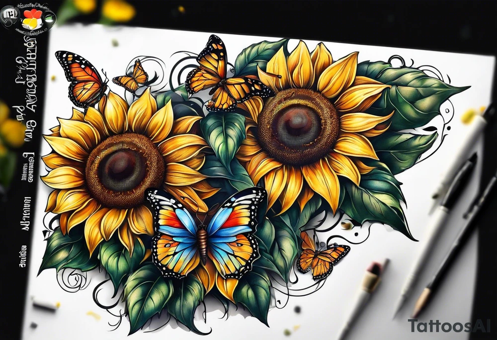 Sunflower and butterfly leg sleeve tattoo idea