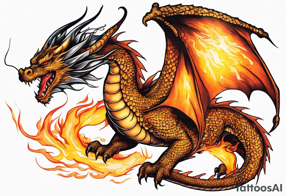 Flying dragon, fire around tattoo idea