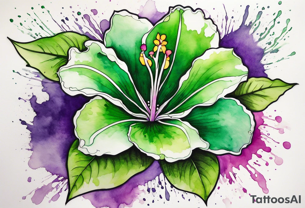 An outline of an only green rio dipladenia flower and a green and purple watercolor splash in the background tattoo idea