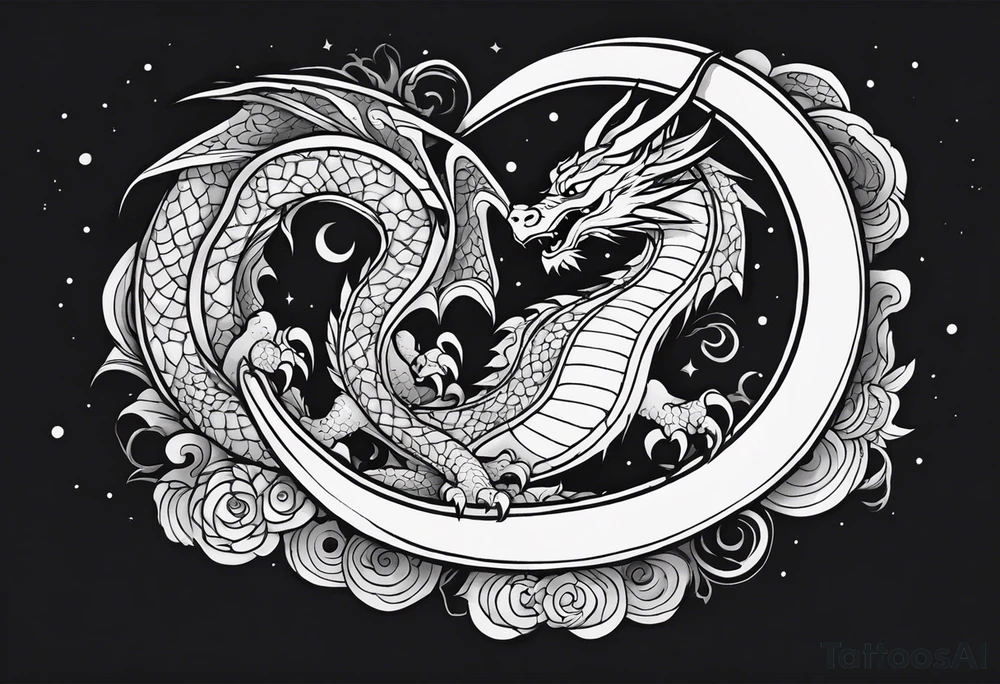 Dragon with Seven shape with full moon on background tattoo idea