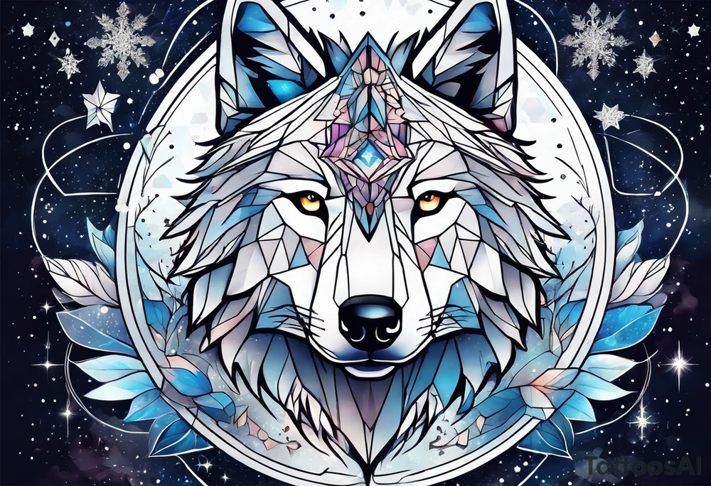 Constellation, two animal wolf, géométric, snowflake tattoo idea