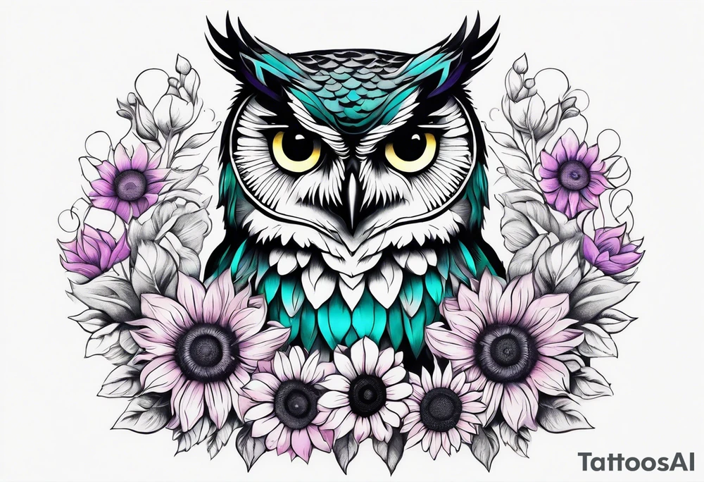 Black and white owl shaded teal, pink and purple surrounded by yellow sunflowers sleeve tattoo idea