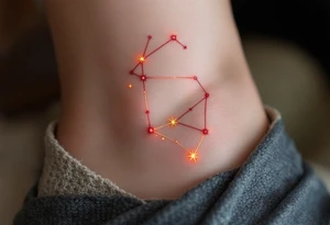 This celestial Aries design connects gold stars constellation with glowing red lines to emphasize the zodiac’s fiery essence. tattoo idea