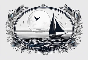 bateau, phare maritime et lune bleu.délicat,minimaliste.phoenix. tattoo idea