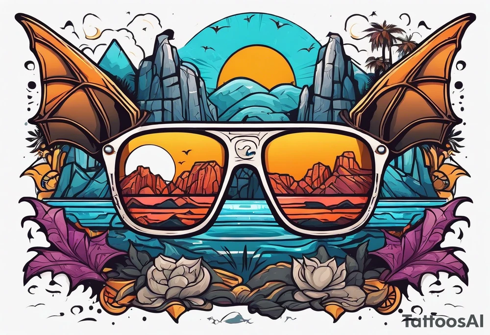 Colorful hieroglyph wearing sunglasses with bats water and stalagmites tattoo idea