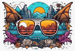 Colorful hieroglyph wearing sunglasses with bats water and stalagmites tattoo idea