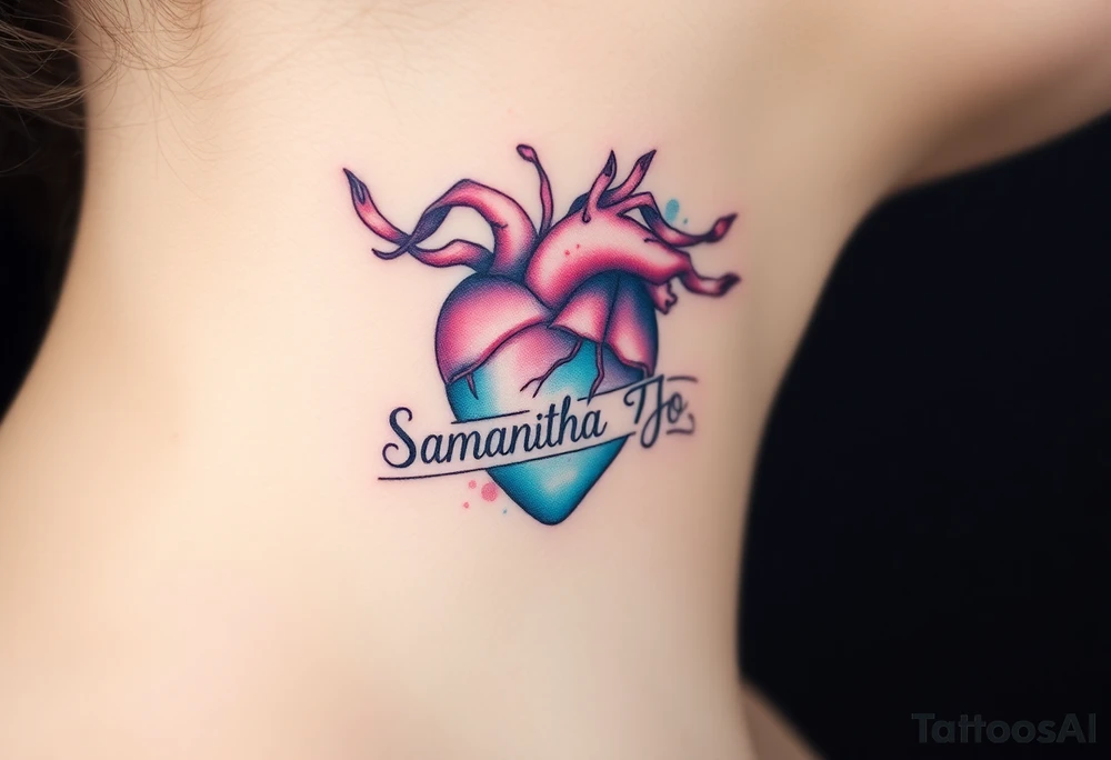 anatomical heart with flowing ribbons with the name Samantha Jo tattoo idea