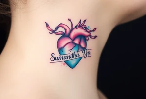 anatomical heart with flowing ribbons with the name Samantha Jo tattoo idea