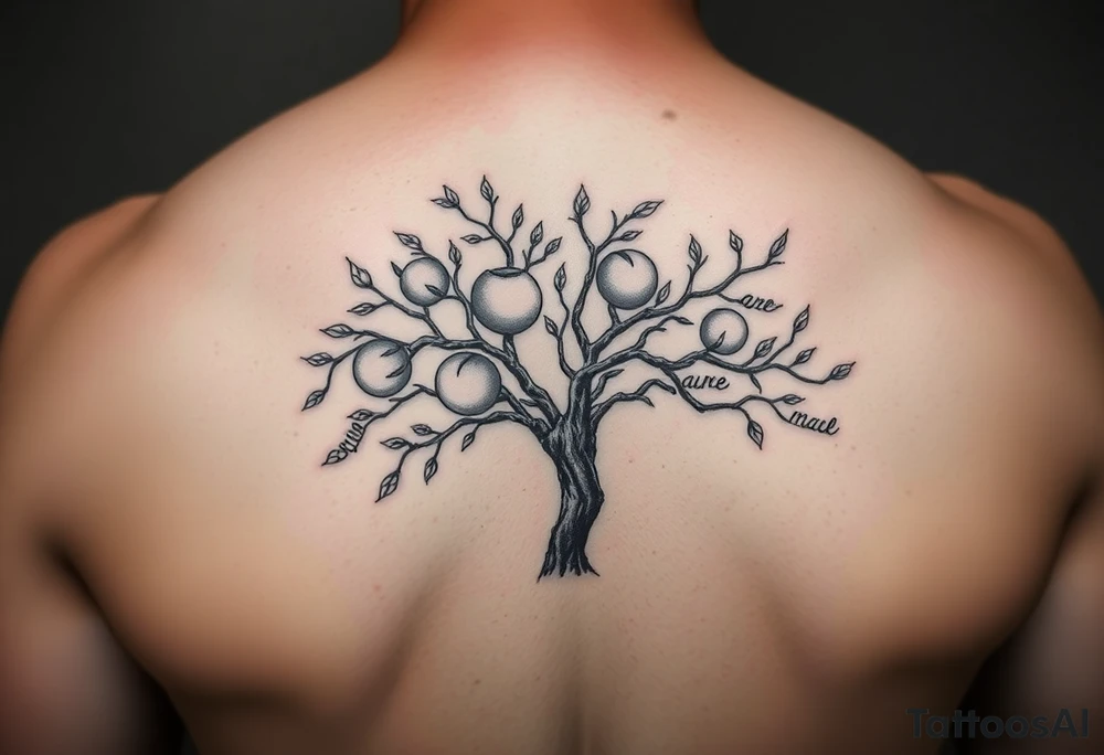 Peach tree with names scripted as branches tattoo idea
