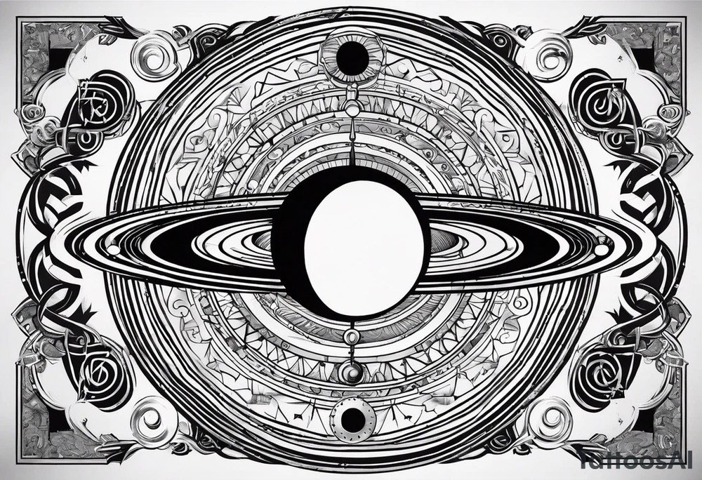 A tattoo with Saturn at the center surrounded by intricate linguistic symbols, reflecting the client's interests in cosmology and linguistics. tattoo idea