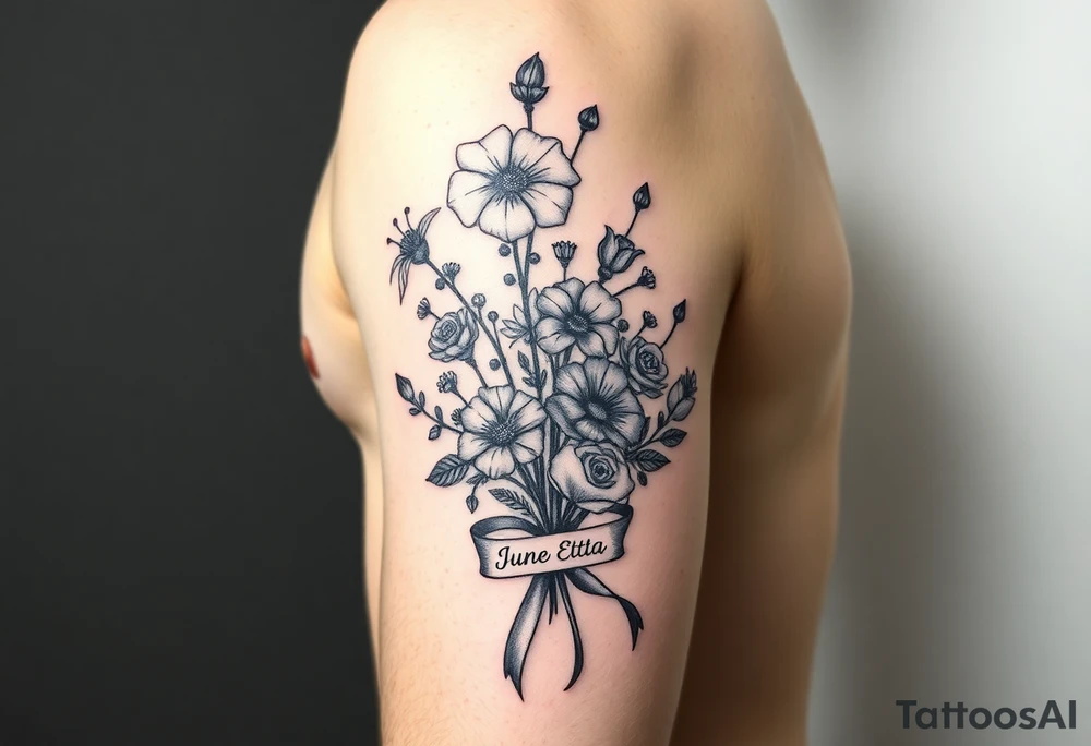 Half arm sleeve tattoo of 3 hollyhock flowers, one wild rose, 5 wild flowers in a bouquet with ribbon bow towards the bottom like the just got picked. On the ribbon include three names: June Etta, Roxy, Rosalie. Next the bouquet put a full realistic doctors stethoscope tattoo idea