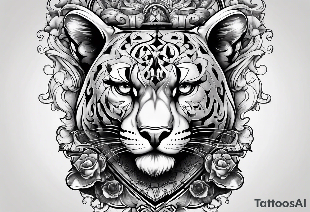 Brain in sagittal and angry cougar inside hourglass tattoo idea