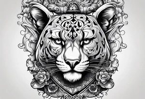 Brain in sagittal and angry cougar inside hourglass tattoo idea