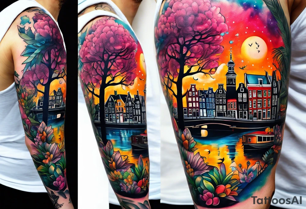 arm tattoo of stag deer and birds in Amsterdam canal featuring Amsterdam houses in space with pineapple at the bottom with galaxy colours tattoo idea