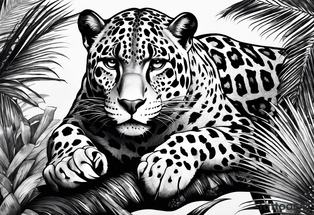 jaguar laying on palm tree tattoo idea