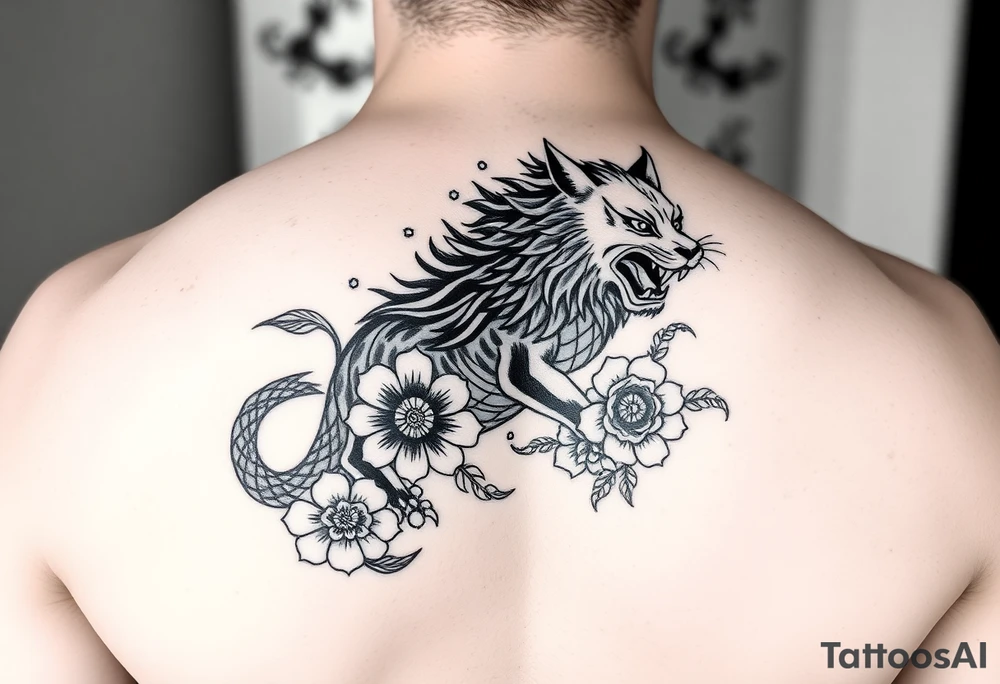 sleeve tattoo, black and white, lion and nine-tailed fox irezumi style with asian floral designs surrounding them tattoo idea