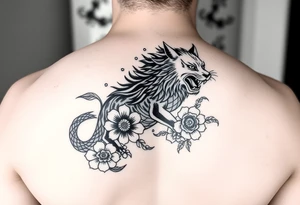 sleeve tattoo, black and white, lion and nine-tailed fox irezumi style with asian floral designs surrounding them tattoo idea