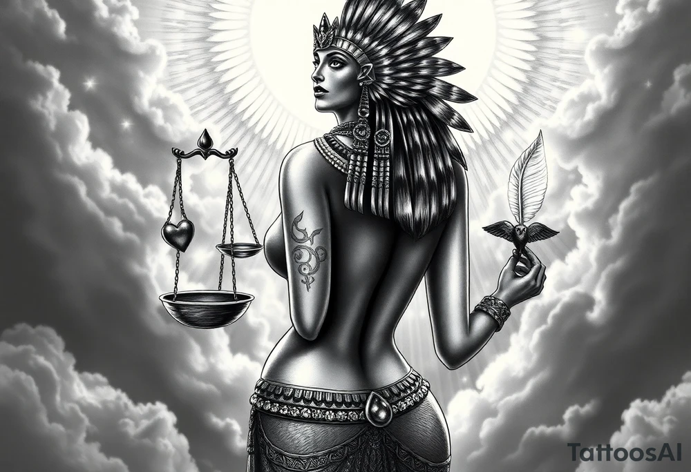 Sexy Egyptian goddess with a curvy body, breasts showing, and wide hips. She is wearing an ostrich feather headdress, and intricate ancient Egyptian jewelry the Anhk necklace. Background includes something similar to heaven. Incorporate the Scales of Justice—one side holding a heart, the other Ma’at’s feather—glowing with ethereal energy. Emphasize dramatic lighting, deep shadows, and surreal, mystical atmosphere tattoo idea