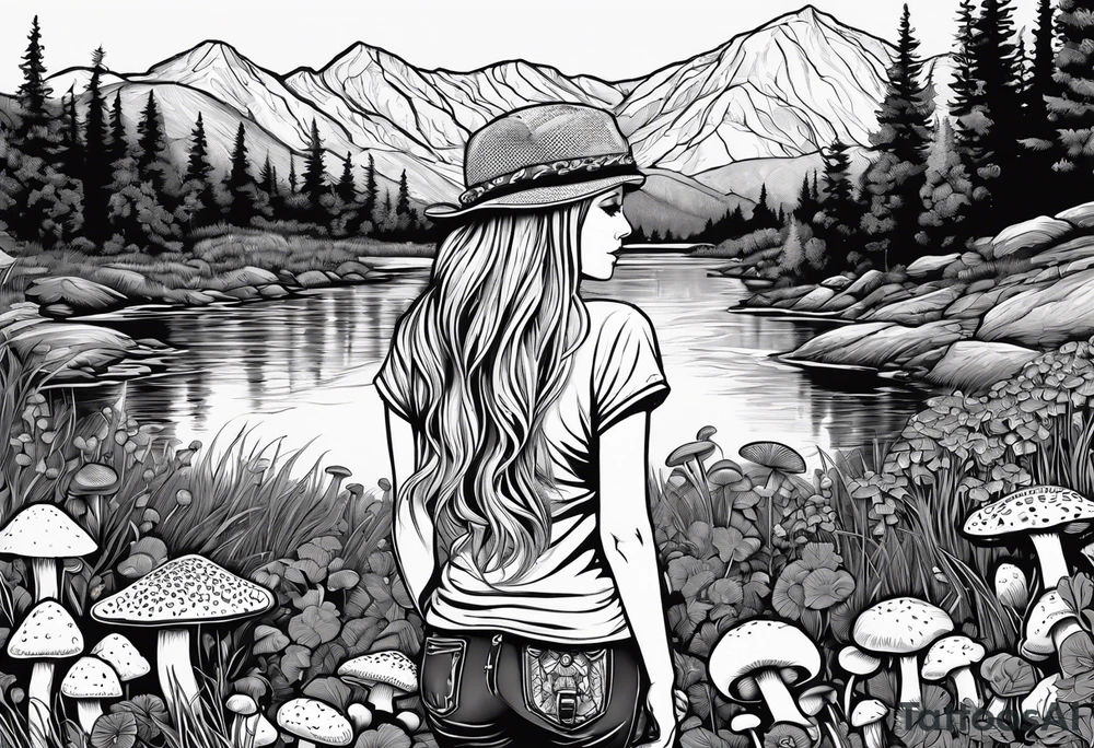 Straight long blonde hair hippie girl in distance holding mushrooms in hand facing away toward mountains and creek surrounded by mushrooms tee shirt hiking pants

Circular picture tattoo idea