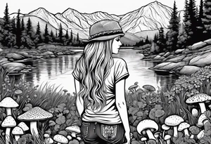 Straight long blonde hair hippie girl in distance holding mushrooms in hand facing away toward mountains and creek surrounded by mushrooms tee shirt hiking pants

Circular picture tattoo idea