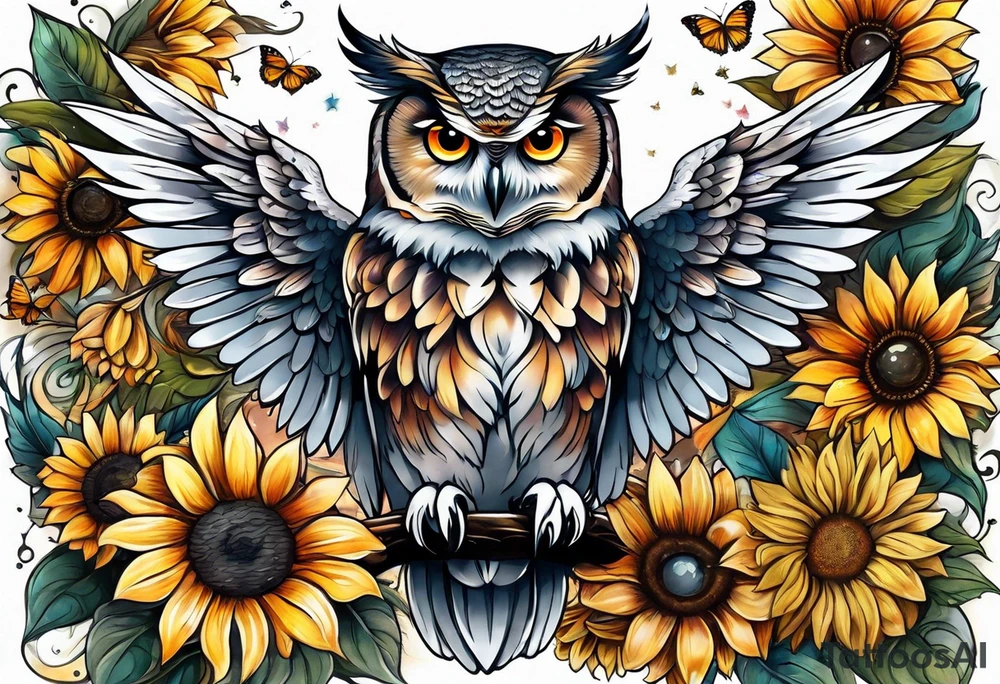 Owl with angel wings surrounded by sunflowers and butterflies sleeve tattoo idea