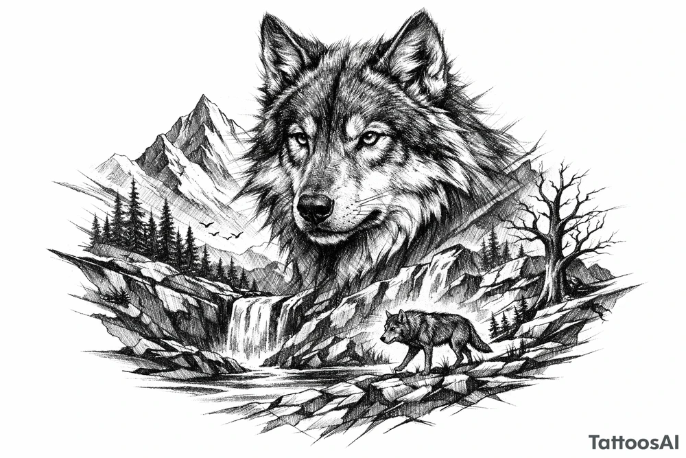 a wolf, landscape tattoo idea