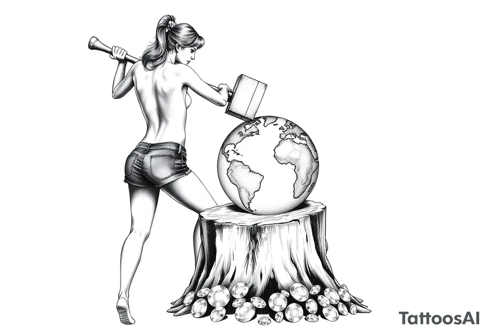 pin up girl in very short shorts swinging a very large headed mallet onto a small version of the earth globe, the earth glove is on top of a tree stump, the earth globe is in contact with the  mallet and being compressed by the mallet, and at the base of the stump is a pile of diamonds. Her short shorts are not covering her butt all the way. She is facing me with her breast bare and out. tattoo idea