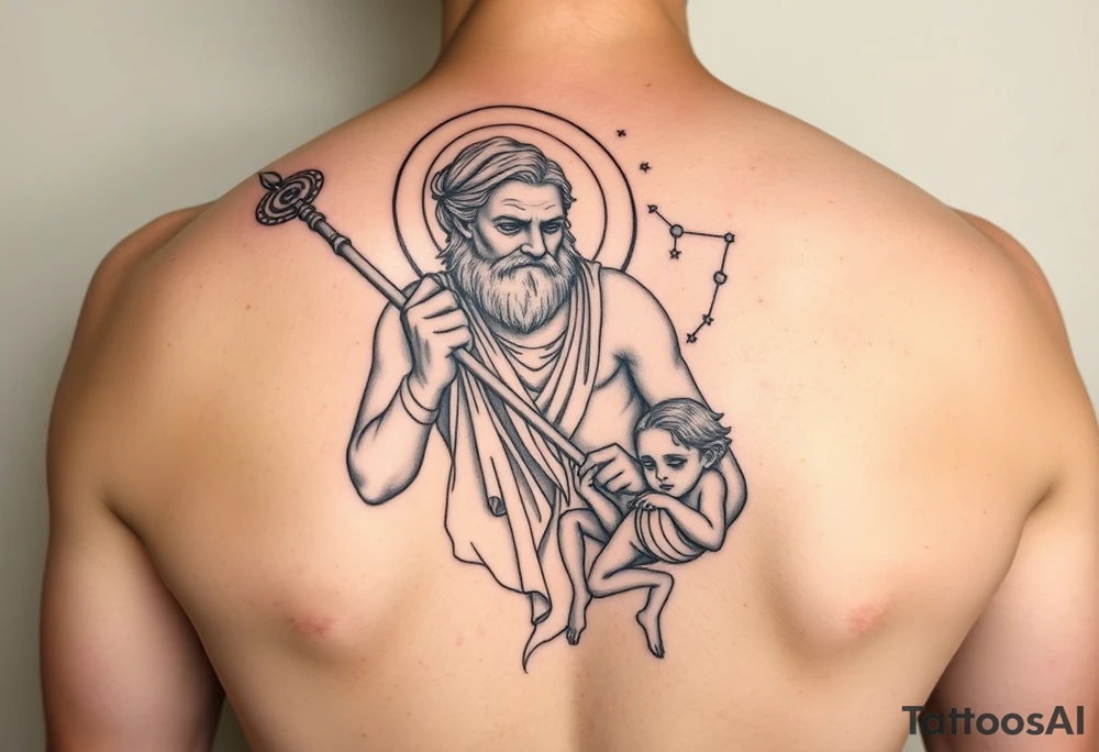 a tattoo design of the Greek God Saturn but older and nearly dying holding his spear in one hand with the Saturn Symbol as the spear head, in his other arms cradling a twin dying younger version of himself. The gemini constellation is in the background behind the Saturn Gods tattoo idea