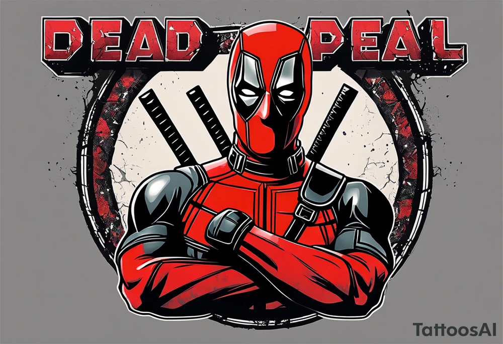 Banner with Text: A worn, dark banner wraps around Deadpool with the phrase "NEVER DEAD" in bold, cracked letters that give a strong and aggressive impression. The banner has small torn details, as if it’s been through rough conditions, with shading that adds depths. tattoo idea