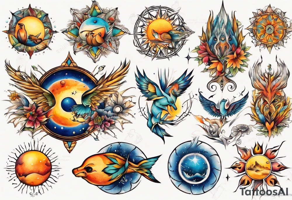 fisch, fuchs und eule , symetrie  sonne, universum, bunt, " sapere aude" tattoo idea