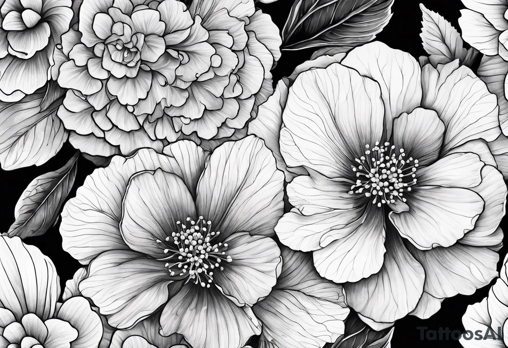 Begonia flower, hydrangeas, marigolds tattoo idea