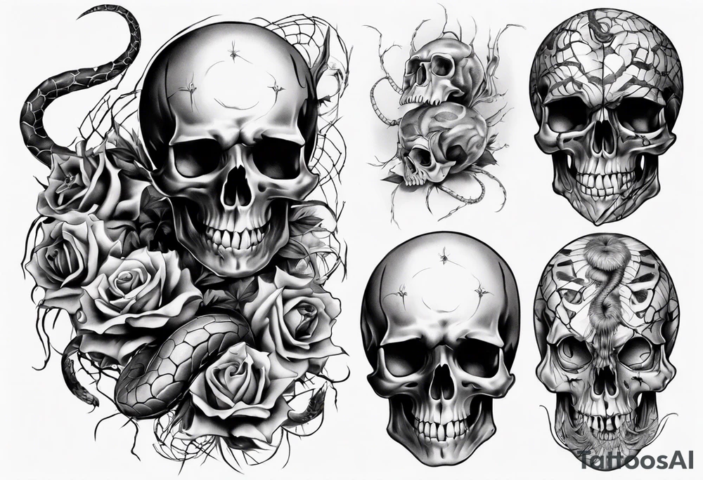 Black skull sleeve tattoo with spiders and snake tattoo idea Black skull sleeve tattoo with spiders and snake tattoo idea