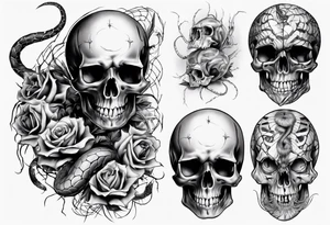 Black skull sleeve tattoo with spiders and snake tattoo idea